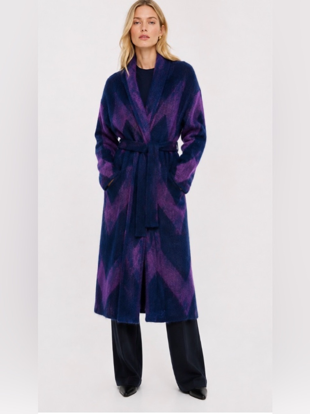 ODEEH Geometric Wool-Blend Belted Coat Cardigan